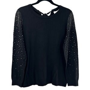 Ann Taylor LOFT Black Cotton Wool Embellished Rhinestone‎ Tie Back Sweater XL